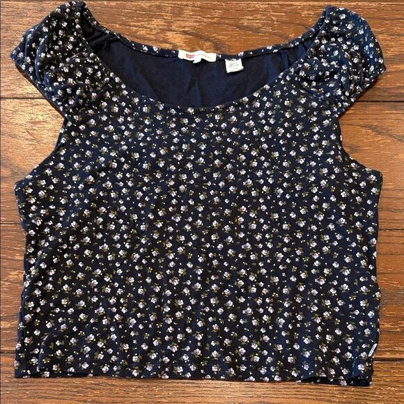 Levi's Tops - Levi’s Floral Crop Top Large Navy Ditsy Print Puff Sleeve Scoop Neck